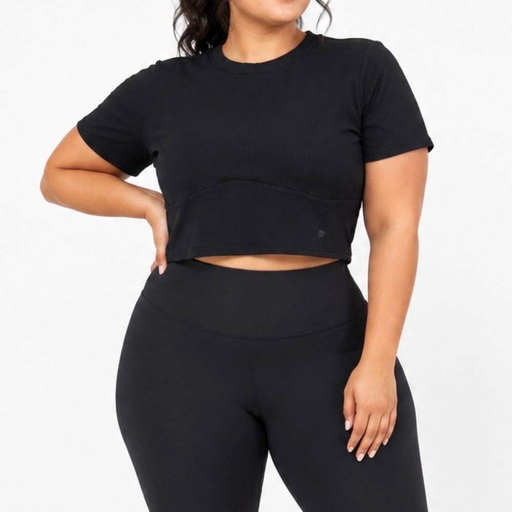 Fabletics Solid Black Daily Rib Short Sleeve Crop Top Shirt Size XL Women